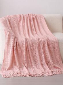 1pc Solid Color Bed Blanket, American Style Fringe Acrylic Rectangular Knitted Blanket For Office Nap, Sofa, Home Decor - Pink - View 2