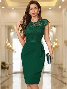 MIUSOL Floral Lace Ruffle Trim Wrap Hem Cocktail Party Bodycon Dress, Wedding Event Dress - Dark Green - View 5
