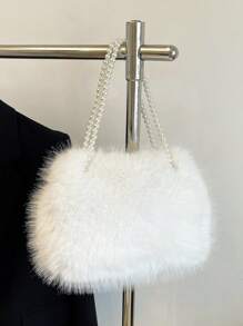 新款秋冬多功能毛绒手提包，优雅大容量双仿珍珠链条单肩包，休闲户外旅行假日购物手提包，轻便通勤腋下包，适合日常办公，秋冬热销女包，新款毛绒钱包，新款女士毛绒包