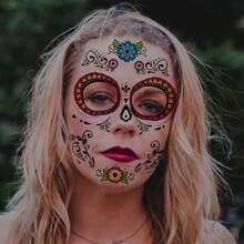 8 件万圣节和亡灵节临时面部纹身 - 恐怖派对化妆恶作剧贴纸 - 彩色 - 查看 2