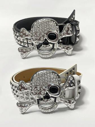 1 pieza Cinturón neutro con calavera para hombres, cinturón de moda con rhinestones brillantes para estilo punk, cinturón con remaches adecuado para chaquetas o decoraciones de fiesta, etc. Accesorios de otoño-invierno de Halloween, adecuado para adolescentes, jóvenes, hombres, casual, al aire libre, deportivo, vacaciones, regalos de graduación, cumpleaños, uso diario