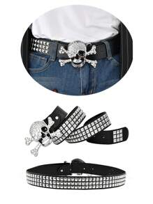 1条骷髅头中性男士腰带，闪亮水钻时尚腰带，朋克风，铆钉腰带，适合搭配S码上衣、夹克或派对装饰等，万圣节秋季、秋冬季配饰，适合青少年、青年、男士，休闲、户外、运动、度假、毕业礼物、生日、日常穿着 - Color - 查看 5