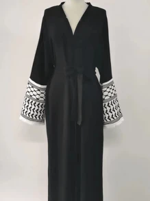 褶皱柔软雪纺刺绣长袍，流苏迪拜风格长袍，女式长袍，朴素的伊斯兰服装 - 黑色 - 查看 6