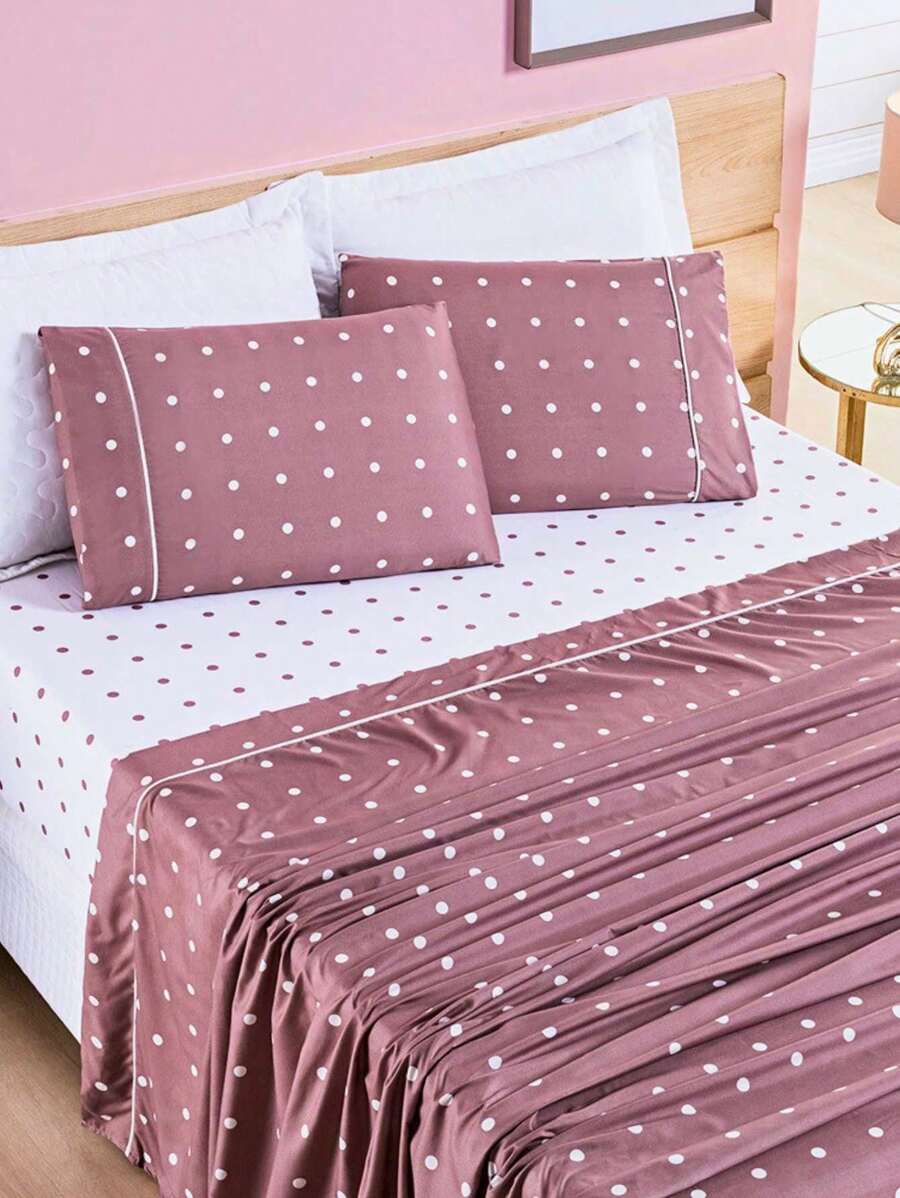 King/Queen/Double/Single 4-Piece Sheet Set Petit Polka Dot Percale 200 Thread Count Pillowcase With Drawstring Detail - Rusty Rose - View 1