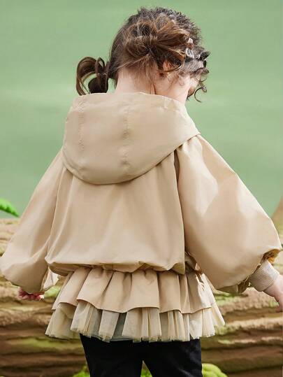 ASK JUNIOR Young Girls Cute Floral Hooded Lightweight Windbreaker Jacket, Raglan Sleeve, Mesh Splice Autumn Outerwear