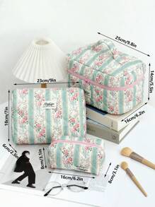 1 件装花卉化妆包大容量绗缝花卉化妆包带手柄波西米亚风格化妆品收纳袋旅行化妆包绿色洗漱包美观便携袋钱包洗漱包女士女孩旅行花卉洗漱包化妆洗漱包可作为礼物送给朋友、母亲节礼物、她、女孩、生日礼物。化妆包 - 綠色 - 查看 6