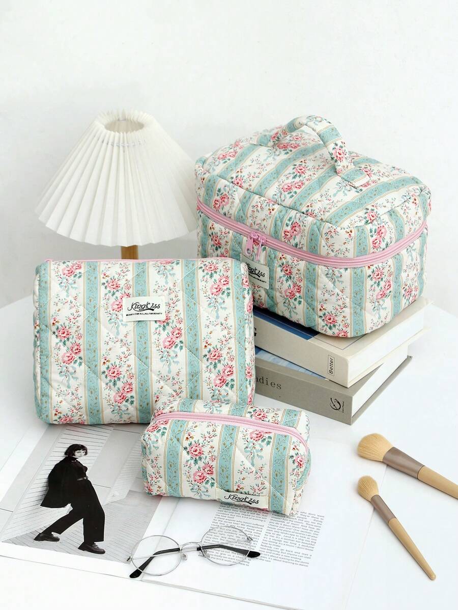 1 件装花卉化妆包大容量绗缝花卉化妆包带手柄波西米亚风格化妆品收纳袋旅行化妆包绿色洗漱包美观便携袋钱包洗漱包女士女孩旅行花卉洗漱包化妆洗漱包可作为礼物送给朋友、母亲节礼物、她、女孩、生日礼物。化妆包 - 綠色 - 查看 1