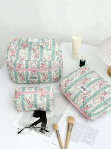 1 件装花卉化妆包大容量绗缝花卉化妆包带手柄波西米亚风格化妆品收纳袋旅行化妆包绿色洗漱包美观便携袋钱包洗漱包女士女孩旅行花卉洗漱包化妆洗漱包可作为礼物送给朋友、母亲节礼物、她、女孩、生日礼物。化妆包 - 綠色 - 查看 3