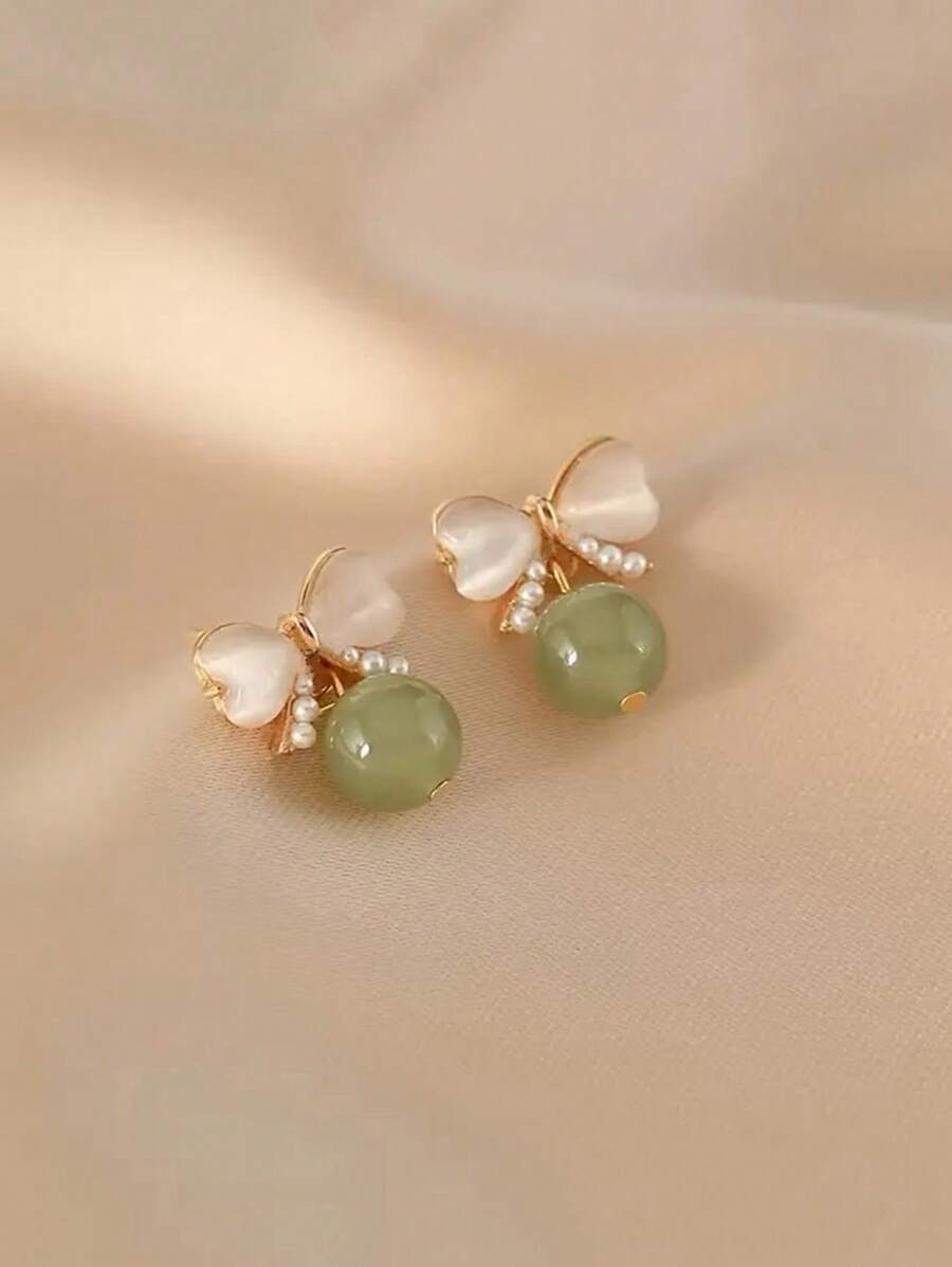1pair Bowknot & Cat's Eye Stone Stud Earrings Sweet & Chic Resin Pendant Ear Jewelry Elegant Halloween Valentine's Day