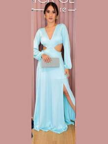 Side Slit Dress Long Sleeve Solid Color Long Openwork Party Fashion Elegant Women's Dress - Màu xanh nhạt - Xem 1
