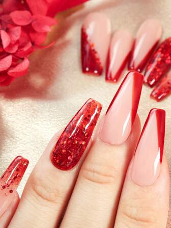 10 件红色闪光手工假指甲按压式假指甲采用激光红色亮片制成，适合节日指甲设计指甲尖