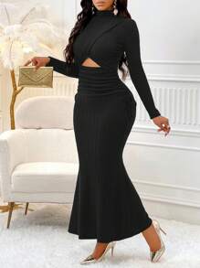 Amarilo Women's Elegant Mock Neck Cut Out Ruched Long Sleeve Mermaid Dress With Pleats, Perfect For Banquets - Black - View 5