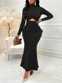 Amarilo Women's Elegant Mock Neck Cut Out Ruched Long Sleeve Mermaid Dress With Pleats, Perfect For Banquets - Black - View 3