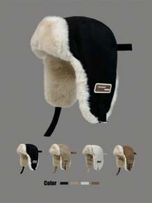 1pc Women's Faux Suede Fleece Warm Hat, Autumn Winter Windproof Earmuffs Earflap Aviator Cap For Skiing, Riding Halloween