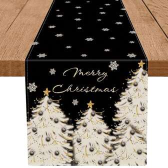 1st julbordslöpare med gyllene julgran, stjärnor, snöflingor, svart "god jul" text, vinterstuga Kök Matbordsdekoration