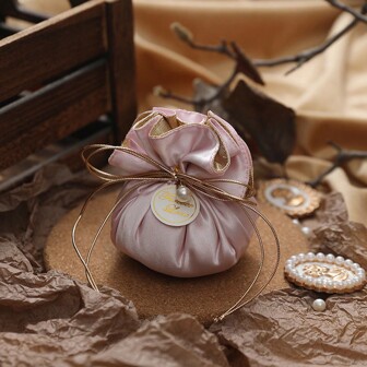 1pc Simple Solid Color Satin Drawstring Pouch, Wedding/Party Favor Gift Bag With Pearl + Small Card, Light Pink