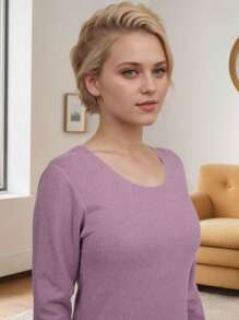 1 Set Medium Thickness Knitted Wool & Silk Thermal Seamless Base Layer Set For Women, Warm And Cozy For Autumn/Winter/Spring - Purple - View 5