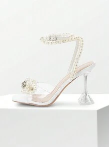 Women Pyramid Heeled Sandals With White Peal Bow Knot Embellished Fashion Peep Toe Transparent Heel Sandals For Party Wedding Prom - 白色珍珠 - 查看 4