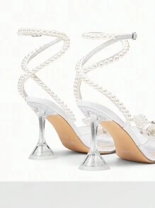 Women Pyramid Heeled Sandals With White Peal Bow Knot Embellished Fashion Peep Toe Transparent Heel Sandals For Party Wedding Prom - 白色珍珠 - 查看 6