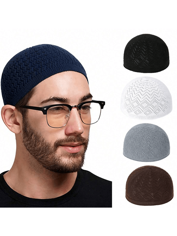 1pc New Embroidered Knit Beanie Cap, Unisex Round Top Hat, Muslim Prayer Hat, Flat Top Embroidery Cap, Suitable For Daily Prayer And Casual Wear
