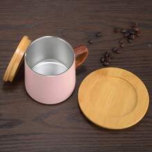 Ceramic Coffee Mug With Wooden Base Dustproof Cover Household Office Solid Color 280ML - 淺粉色 - 查看 7