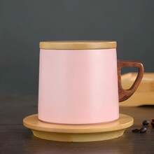 Ceramic Coffee Mug With Wooden Base Dustproof Cover Household Office Solid Color 280ML - 淺粉色 - 查看 3