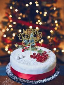 1 件金色和红色闪光“圣诞快乐”蛋糕装饰、甜点装饰（预先穿好） - 金色 - 查看 4