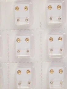 24pcs Vacuum Plated Stud Earrings With Rhinestones, Simple Elegant Gold Edge Design, Suitable For Pierced Ears & Daily Wear - Gold - View 3
