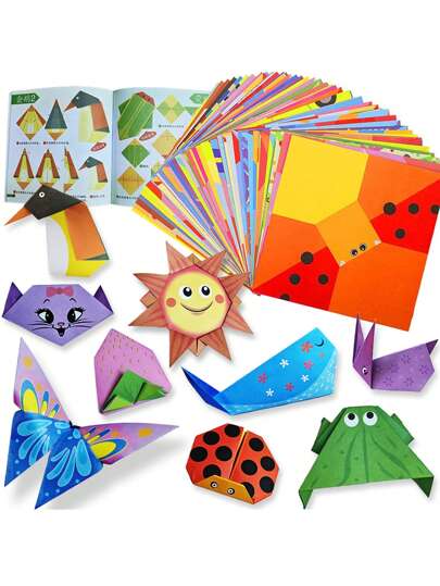 Kit de Origami con 96 hojas de papel de origami, 48 patrones e instructivo. Suministros para proyectos de manualidades y artes DIY para principiantes, niños, niños y niñas como regalo, incluyendo libélula, libro de origami, manualidades para niños, papel de origami, manualidades para niñas, kit de manualidades, origami.