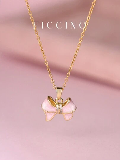  FICCINO Girlish Pink Bow Cubic Zirconia Pendant Necklace With Adjustable Gold Plated Titanium Steel O Chain, Sweet Jewelry Gift For Girls And Friends Valentines,Mom,Mother,Mother's Day,Gift