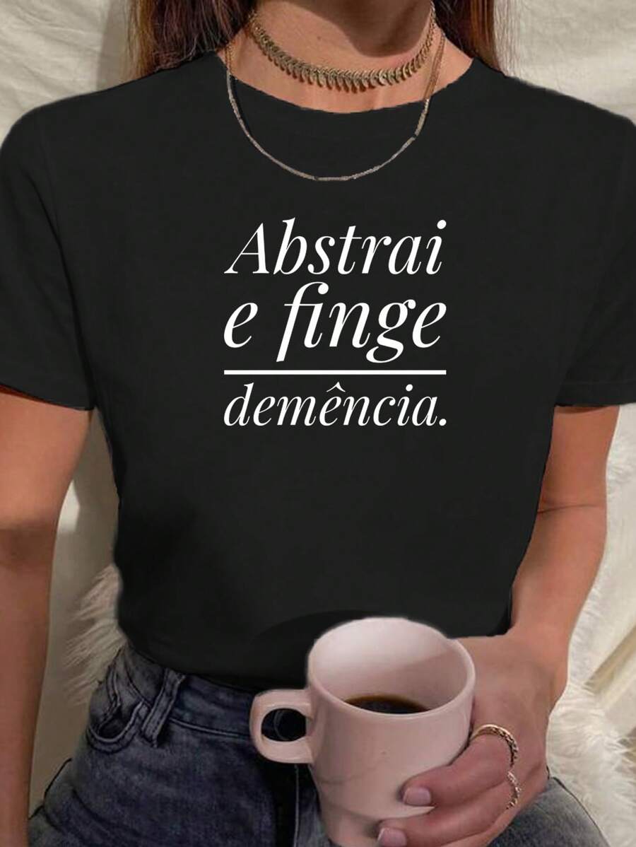 Women's Baby Look T-Shirt 100% Cotton Phrases Abstract And Pretend Dementia Cursive - 黑色 - 查看 1