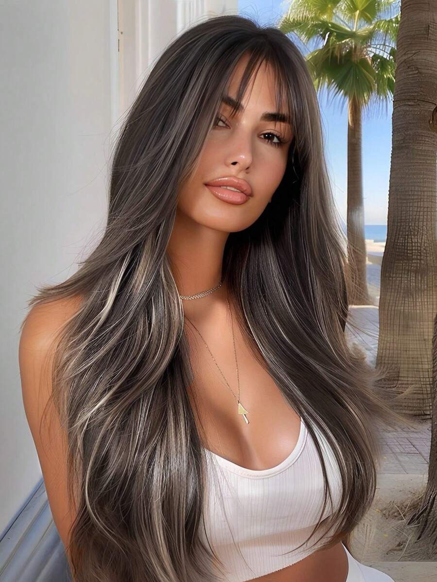 Black Long Straight Wigs For Women, Natural Black Synthetic Wigs With Bangs, Elegant Beautiful Natural Looking Heat Resistant Synthetic Wig Daily Party Use - 彩色 - 查看 1