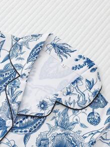 HOREA 2pcs/Set Cute Plant & Floral Print Women's Sleepwear Set - Short Sleeve Lapel Top & Relaxed Elastic Waist Shorts, Casual Loungewear For Women,Two Pieces Set - Royal Blue - View 6