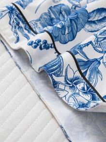 HOREA 2pcs/Set Cute Plant & Floral Print Women's Sleepwear Set - Short Sleeve Lapel Top & Relaxed Elastic Waist Shorts, Casual Loungewear For Women,Two Pieces Set - Royal Blue - View 9