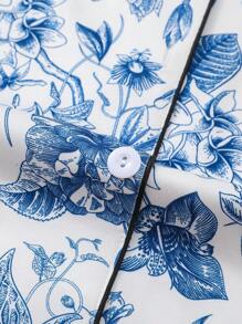 HOREA 2pcs/Set Cute Plant & Floral Print Women's Sleepwear Set - Short Sleeve Lapel Top & Relaxed Elastic Waist Shorts, Casual Loungewear For Women,Two Pieces Set - Royal Blue - View 4