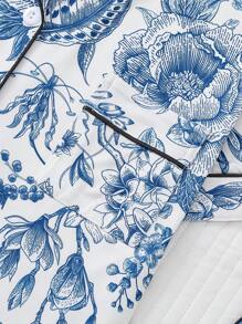 HOREA 2pcs/Set Cute Plant & Floral Print Women's Sleepwear Set - Short Sleeve Lapel Top & Relaxed Elastic Waist Shorts, Casual Loungewear For Women,Two Pieces Set - Royal Blue - View 7