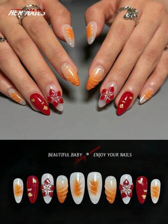 Set di unghie finte a forma di mandorla, manicure in gel, finte unghie cromate, kit di unghie di moda fai-da-te, estetica unica ed elegante per uso quotidiano, feste, balli, con motivi tartarugati e floreali, 10 pezzi per donne