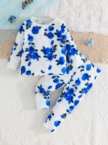 4件套春秋女童玫瑰印花长袖圆领T恤和玫瑰印花长裤套装 - 彩色 - 查看 8