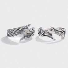 2pcs/Set Vintage Angel Devil Wings Design Featured,Suitable For Couples Or Best Friends Wear. Adjustable Ring Size Fit For Young Girls, An Ideal Gift Choice For Them. - Multicolor - View 2
