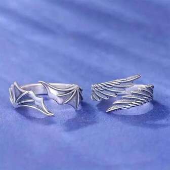 Set 2 pezzi di anelli vintage a forma di ali di angelo e diavolo, adatti per coppie o migliori amici, taglia regolabile adatta a ragazze giovani, una scelta di regalo ideale per loro.