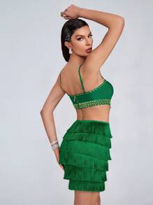 Girsdy 吉尔斯迪绿色纯色手工水钻装饰露背镂空吊带短流苏时尚铆钉紧身迷你连衣裙，情人节性感之选 - 綠色 - 查看 6