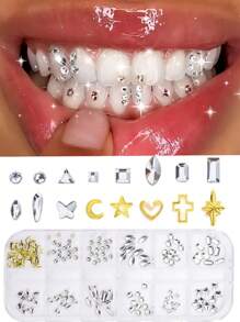 Set de gemas dentales - Kit de pegatinas para dientes de bricolaje autoadhesivas en caja, joyas para dientes de cristal de rinoceronte súper brillantes, calcomanías dentales extraíbles europeas y americanas, cristales decorativos de belleza dental, cristales asimétricos con forma de mariposa de fondo plano, accesorios brillantes y glamorosos de bricolaje para niñas, joyas dentales de cristal súper brillantes, suministros de cuidado oral con estilo personalizado de hip-hop con cristales incrustados, incluye herramientas y pegamento