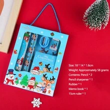 6pcs/Set Christmas Cartoon Theme Stationery Gift Box For Kids, Elementary School Students Christmas Party Supplies, Learning Gifts (Pencil/Pencil Sharpener/Eraser/Memo Pad/Ruler)