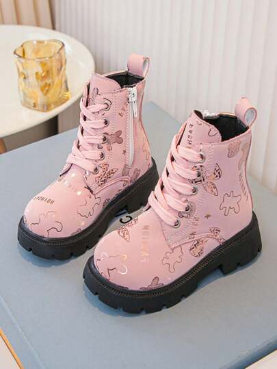 Girls' Shiny Pink Heart Pattern Boots, Comfortable Anti-Skid Outdoor Casual Party  Boots