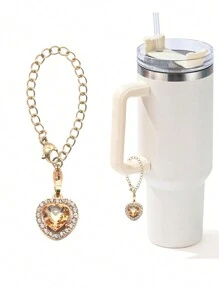 1pc Fashion Rhinestone Heart Shaped Glass Cup Chain Pendant Decor, Personalized Alloy Rhinestone Heart Charm For Modern Minimalist Glass Cup - Multicolor - View 11