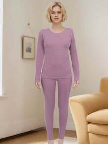 1 Set Medium Thickness Knitted Wool & Silk Thermal Seamless Base Layer Set For Women, Warm And Cozy For Autumn/Winter/Spring - Purple - View 3