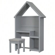 Study Desk And Chair Set, Kids Desk And Chair Set, Wooden Kids Computer Desk With Detachable Cushion Stooll, House-Shaped Desk With Storage Shelf For Bedroom Christmas Gift - 灰色+松木+美式設計 - 查看 7