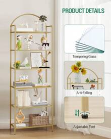 HEXCELEN Bookcase Bookshelf, Tempered Glass Bookshelves, Slim Shelving Unit For Bedroom, Bathroom, Home Office, Steel Frame, Home Decor,4/5/6 Tier Gold - 金色 - 查看 6