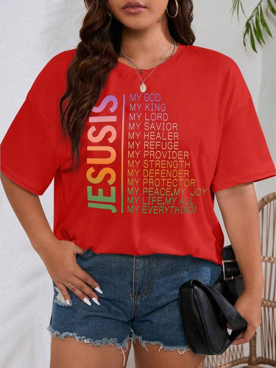 Plus Size Letter Print T-Shirt - Comfortable Crew Neck, Short Sleeve, Casual Daily Top With Relaxed Fit - Perfect For Women's Everyday Wear, Lounging, And Outdoor Activities - 紅色 - 查看 1