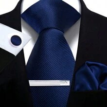 Set de corbata, pañuelo de bolsillo, gemelos y corbatín para hombre, corbatas de poliéster de rayas sólidas para todas las estaciones, fiestas y celebraciones, casual
